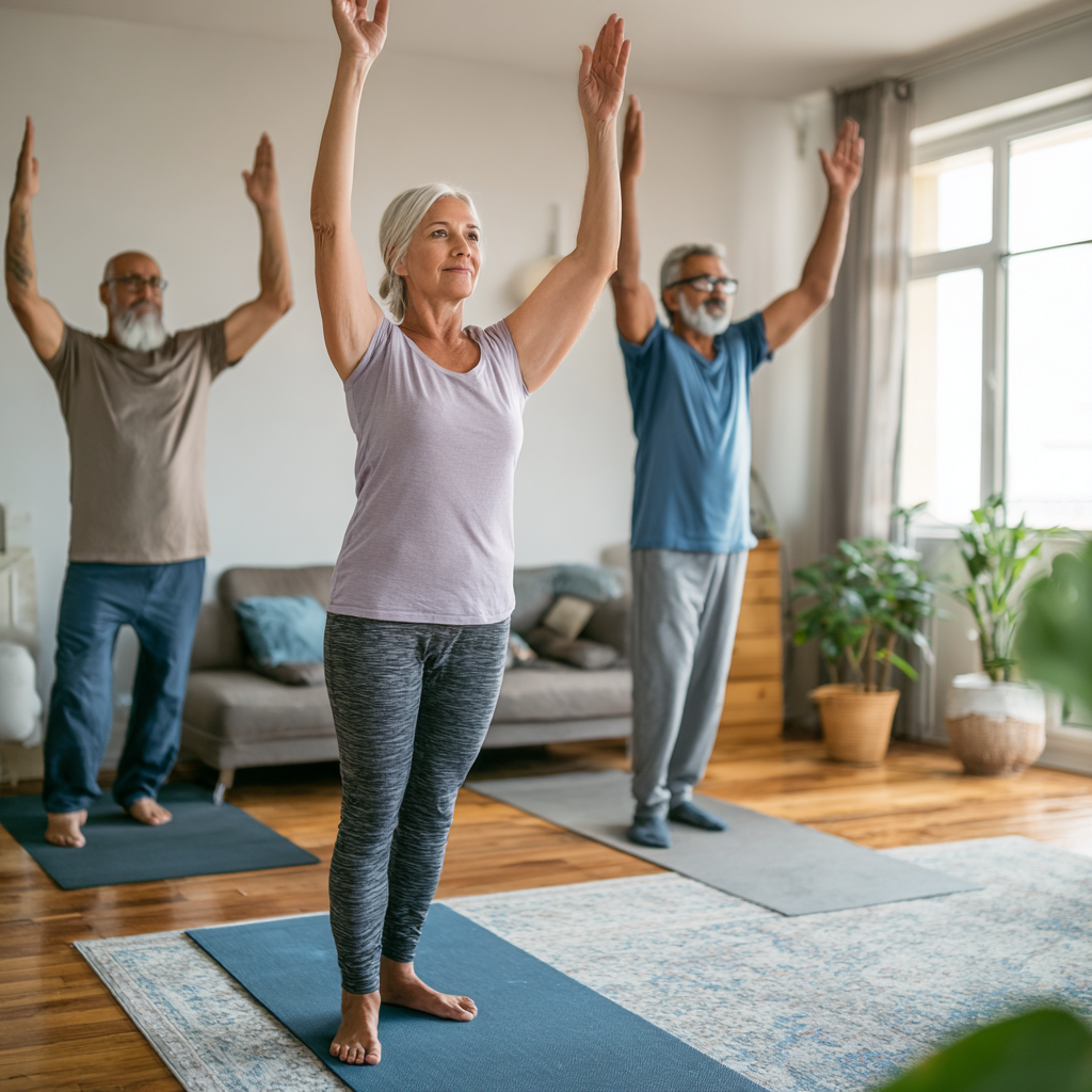 Middle-aged adults practicing gentle home exercises in comfortable living space