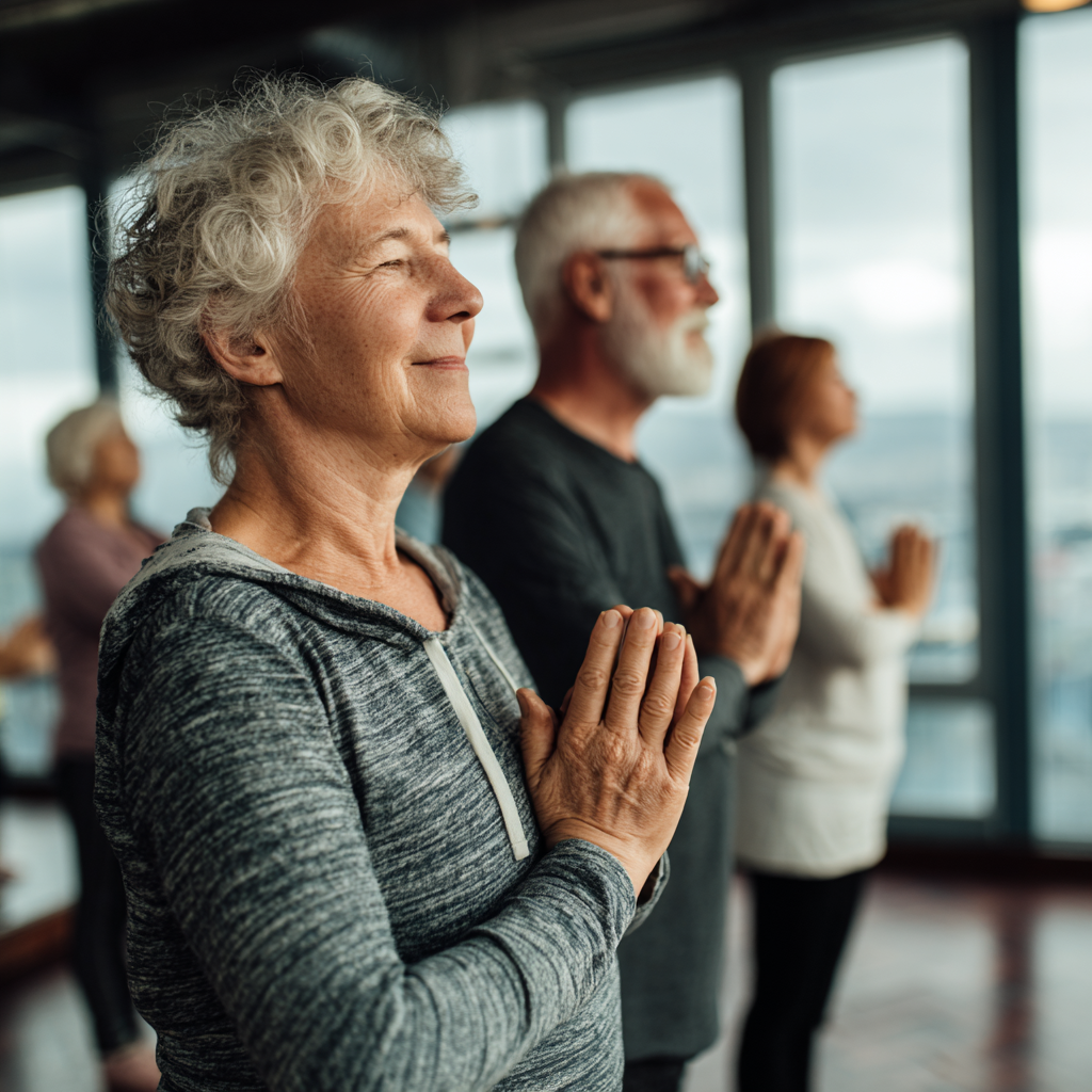 Older adults practicing gentle mobility exercises in calm environment